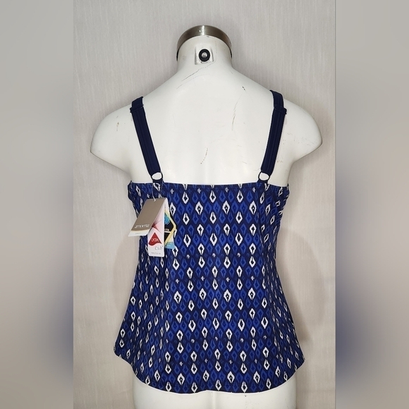 White striped bikini top on a dark blue background.  Elongated style, adjustable - Picture 3 of 6